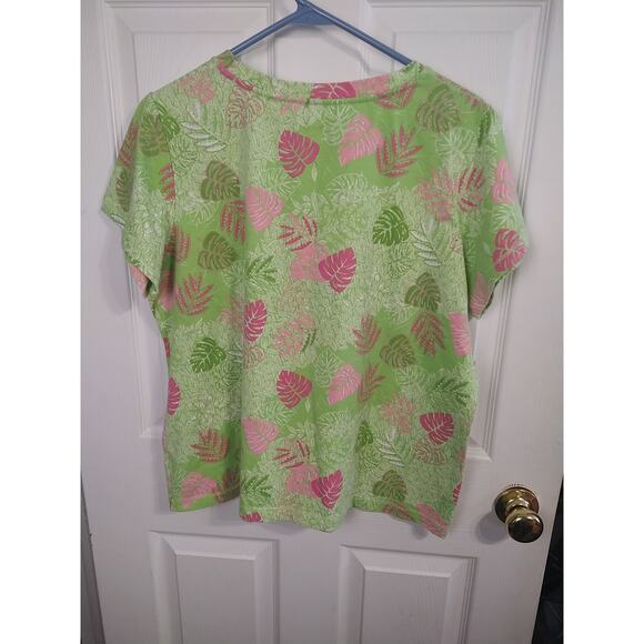 Palm Harbour Woman 1X Tee Green/Pink Leaf Short Sleeve Pullover Stretch Casual - Picture 7 of 7